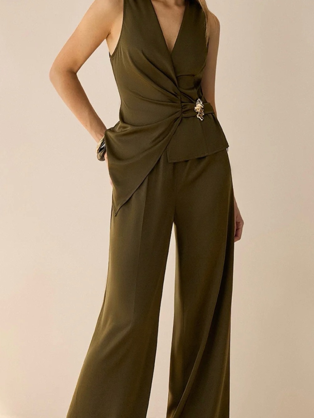 COMMENSE Dark Green Asymmetric Wrap Top & Pants Set S - Picture 3 of 9